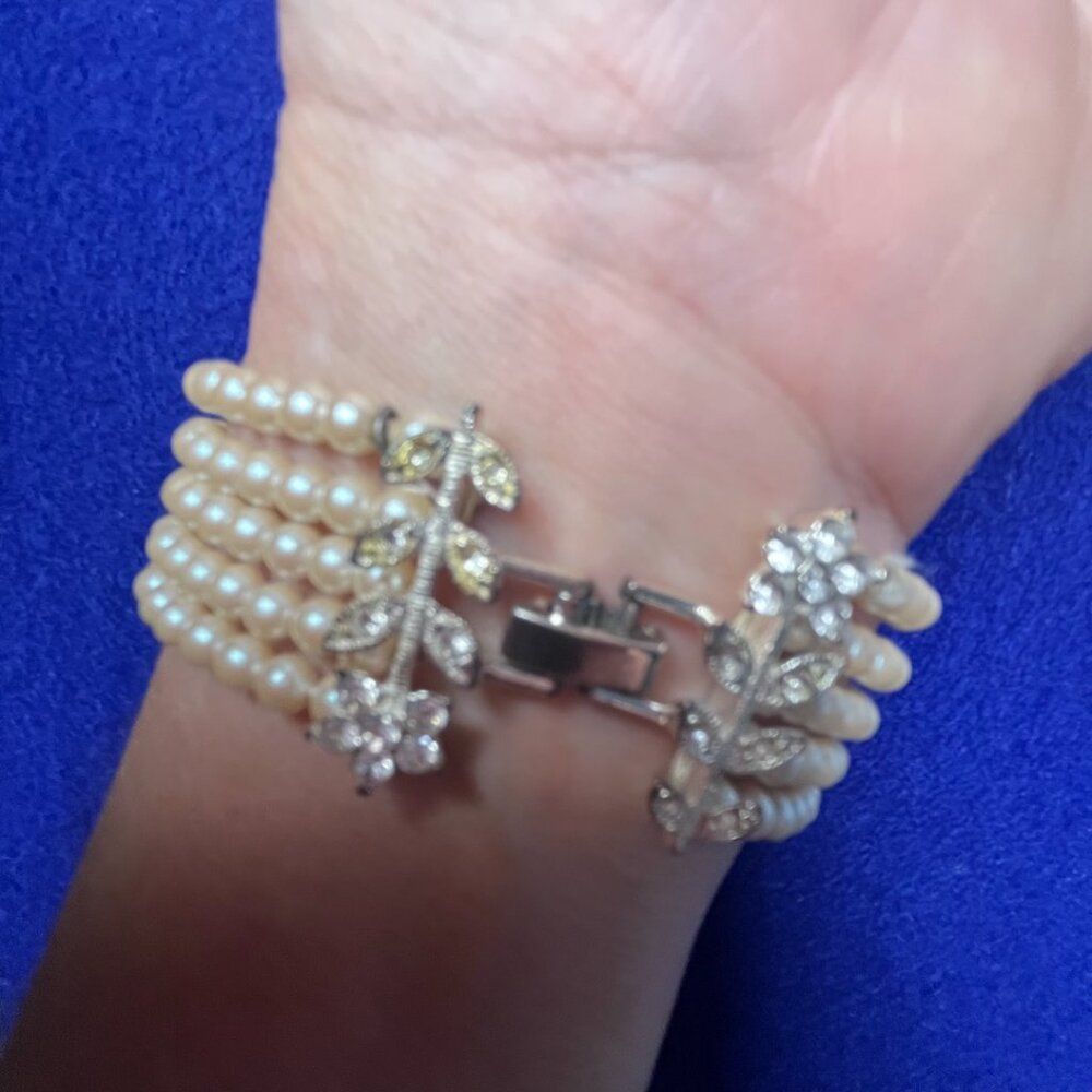 Vintage Faux Pearl Multistrand Bracelet | Cubic Zirconia Floral Clasp | Timeless - Picture 7 of 8